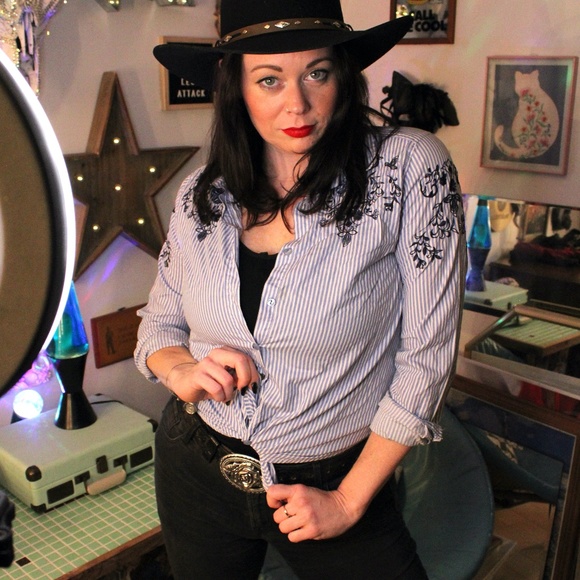 Blue & White Striped Button-down Shirt with floral embroidery - Picture 1 of 8